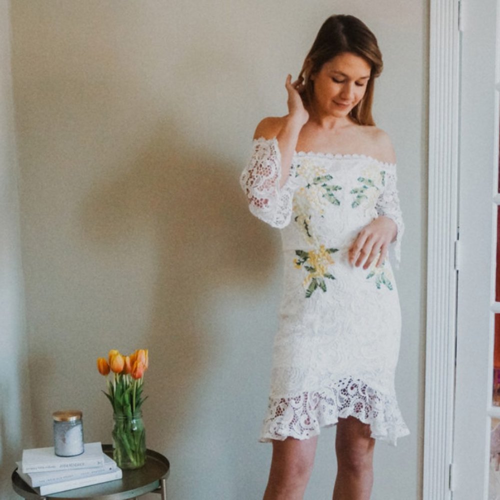 Off-Shoulder White Floral Lace Midi Dress